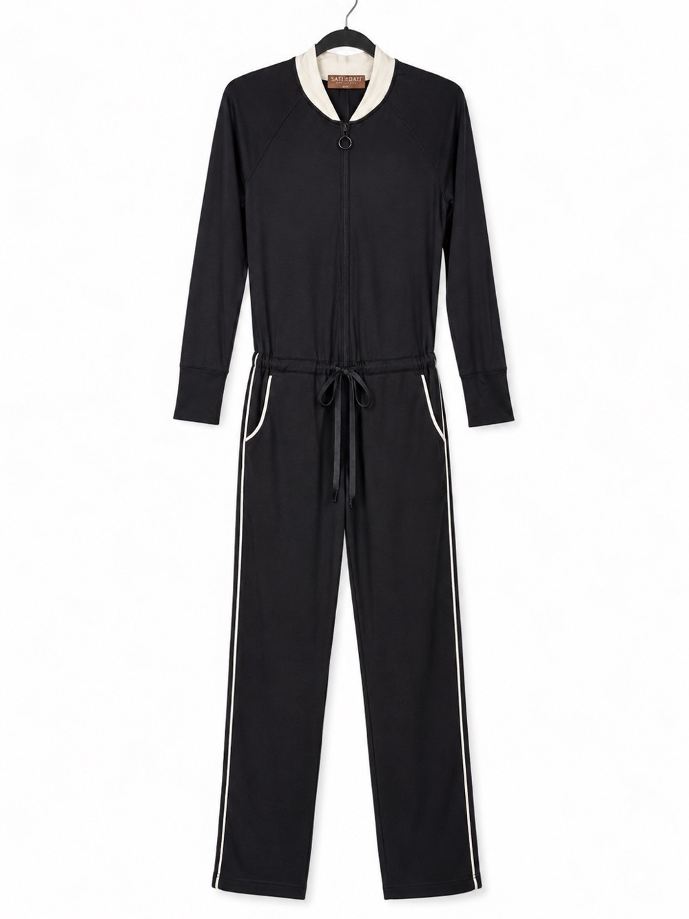 LA Relaxed Black Long Sleeve Zip Front Jumpsuit Size Small Contrast Piping